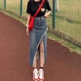 skirt outfits Fashionable Denim Skirt Women's Spring and Summer Elegant Slimming Versatile Stitching Frayed Split High Waist Sheath Dress